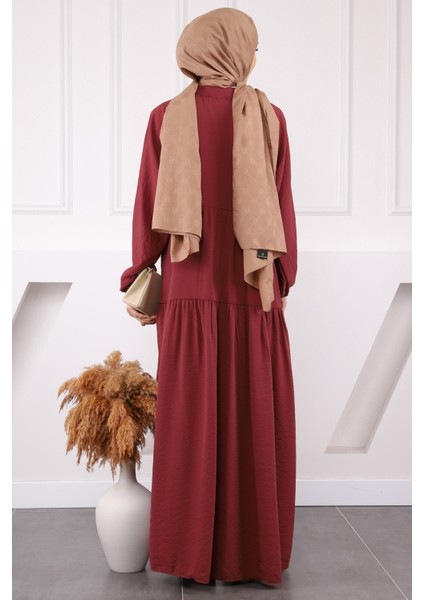 Bordo Yarım Düğmeli Eteği Katlı Modal Elbise modelleri