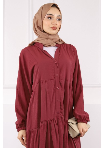 Bordo Yarım Düğmeli Eteği Katlı Modal Elbise fırsatları