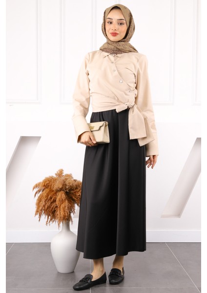 Bej Bel Bağlamalı Crop Gömlek modelleri