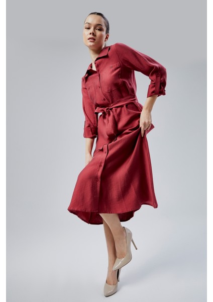 Bordo Regular Fit Kuşak Kemerli Gömlek Elbise