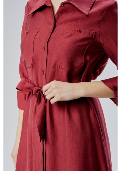 Bordo Regular Fit Kuşak Kemerli Gömlek Elbise