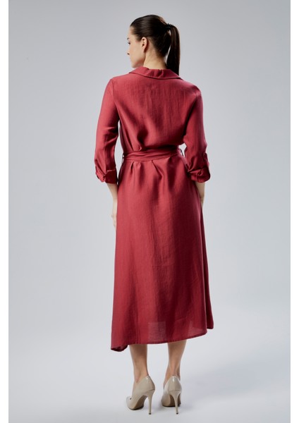 Bordo Regular Fit Kuşak Kemerli Gömlek Elbise