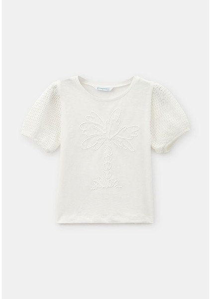 Beyaz Palmiye Işlemeli Kol Detaylı Tişört 3 Yaş (98 Cm)