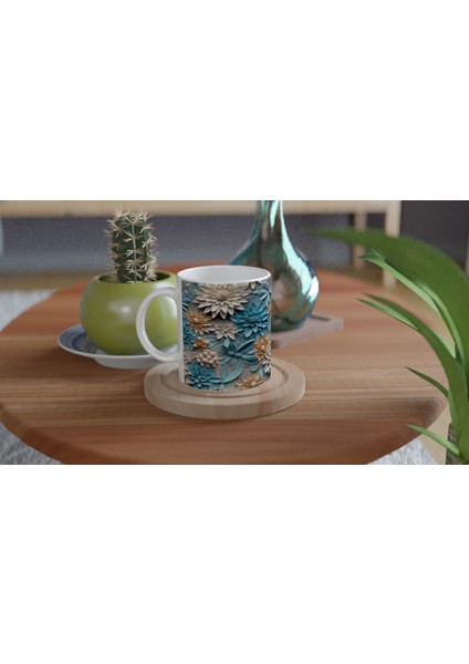 Pastel Mavi ve Krem Tonlu Çiçek Desenli Kupa Bardak