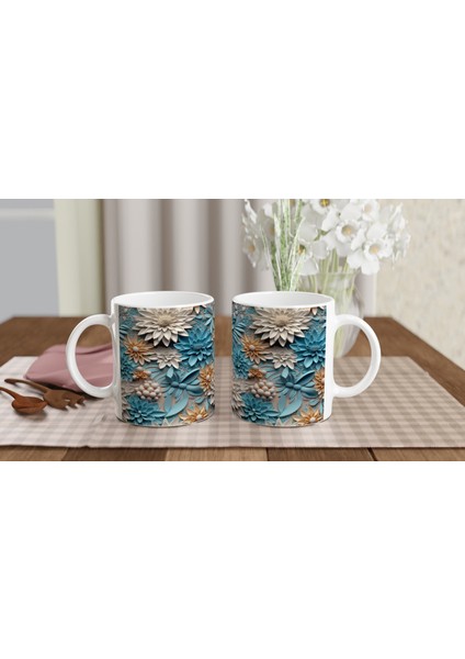 Pastel Mavi ve Krem Tonlu Çiçek Desenli Kupa Bardak