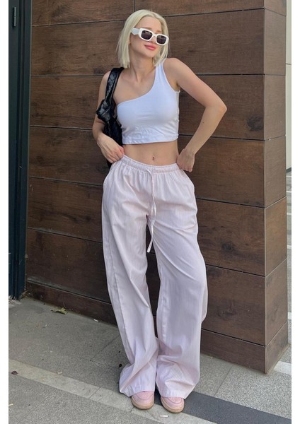 Pudra Beli Ayarlanabilir Bol Paça Dökümlü Çizgili Pantolon MG2087