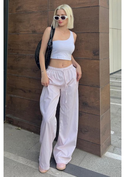 Pudra Beli Ayarlanabilir Bol Paça Dökümlü Çizgili Pantolon MG2087 fiyatları
