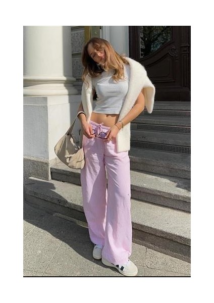 Pudra Beli Ayarlanabilir Bol Paça Dökümlü Çizgili Pantolon MG2087 indirimleri