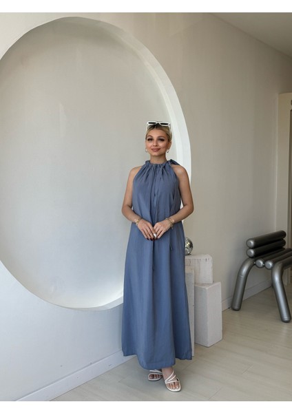Omuzdan Bağlamalı Indigo Elbise