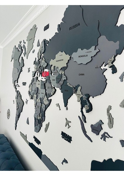 Antrasit Ahşap Katmanlı Dünya Haritası 3D