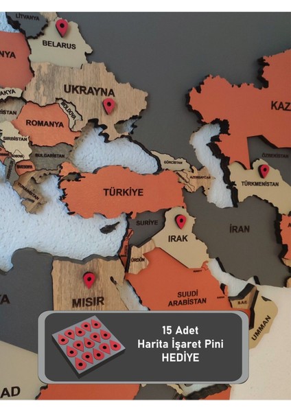 Antrasit Ahşap Katmanlı Dünya Haritası 3D