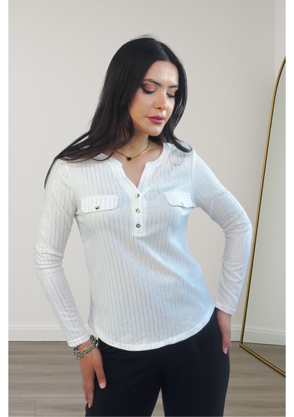 Lupinn Moda Kadın Beyaz Simli /sim Çizgili Cep Detaylı Uzun Kollu Bluz