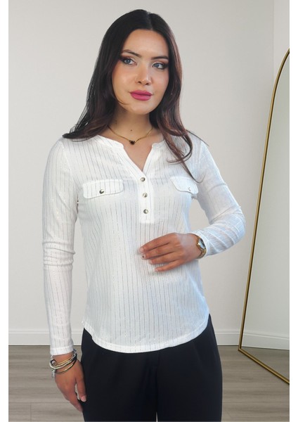 Lupinn Moda Kadın Beyaz Simli /sim Çizgili Cep Detaylı Uzun Kollu Bluz