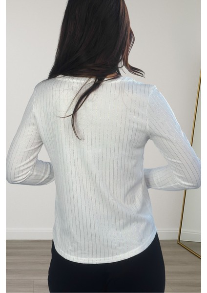 Lupinn Moda Kadın Beyaz Simli /sim Çizgili Cep Detaylı Uzun Kollu Bluz