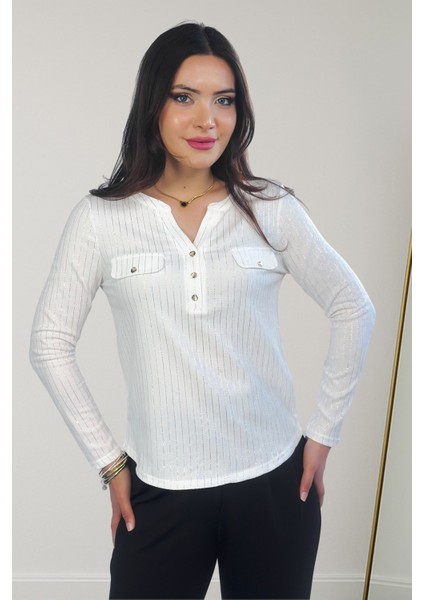 Lupinn Moda Kadın Beyaz Simli /sim Çizgili Cep Detaylı Uzun Kollu Bluz