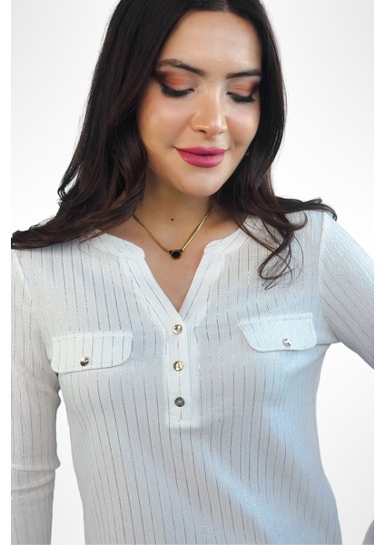 Lupinn Moda Kadın Beyaz Simli /sim Çizgili Cep Detaylı Uzun Kollu Bluz modelleri