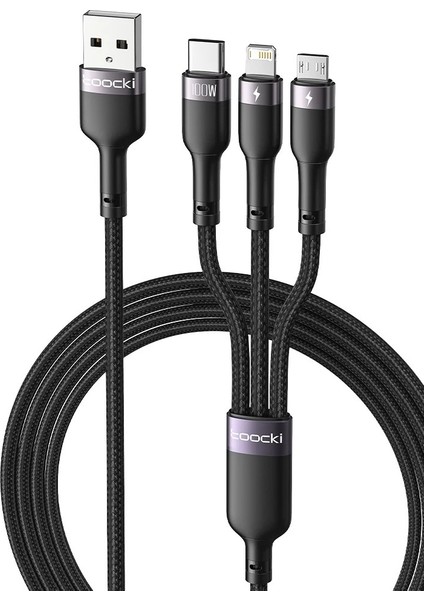 3 In 1 USB Kablosu 6A 100W Mikro USB Tip C Şarj ve Data Kablosu