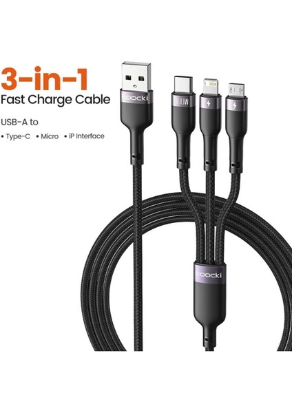 3 In 1 USB Kablosu 6A 100W Mikro USB Tip C Şarj ve Data Kablosu