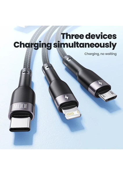 3 In 1 USB Kablosu 6A 100W Mikro USB Tip C Şarj ve Data Kablosu