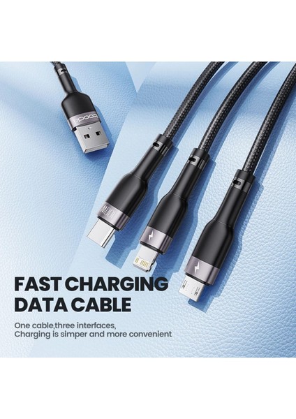 3 In 1 USB Kablosu 6A 100W Mikro USB Tip C Şarj ve Data Kablosu