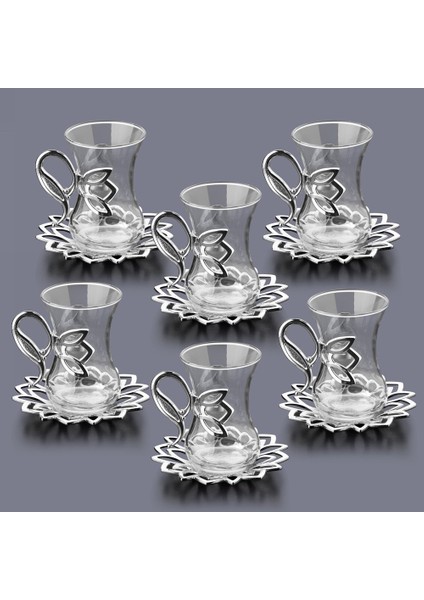 Demet 6 Kişilik Gümüş Renk Çay Seti: Metal Kulplu ve Tabaklı
