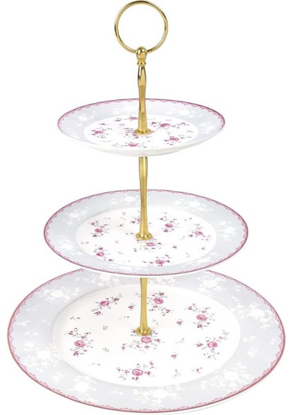 3 Katlı Pasta Standı, Pembe Çiçekli Porselen Stand