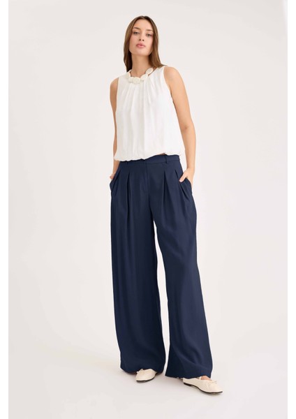 Yüksek Bel Pileli Palazzo Modal Pantolon