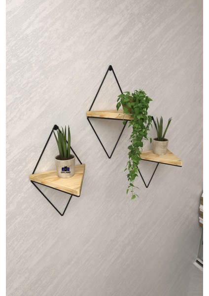 3 Lü Lüks Doğal Masif Ahşap Dekoratif Üçgen Raf Balkon Tanzim Çiçeklik Saksılık