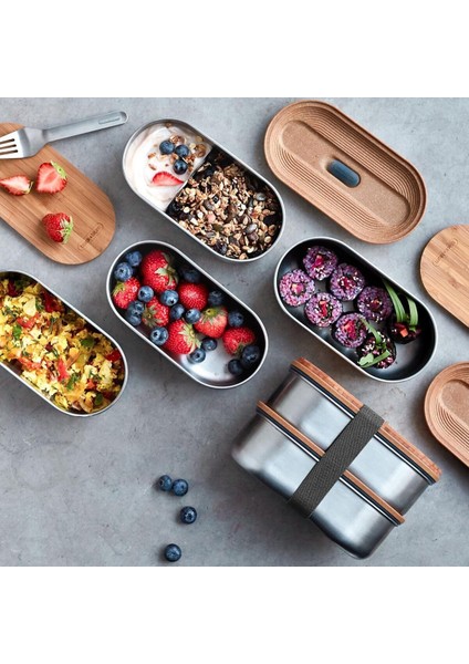 Çelik Bento Kutusu, Çift Katmanlı, 1l Kapasiteli, Bambu Kapak