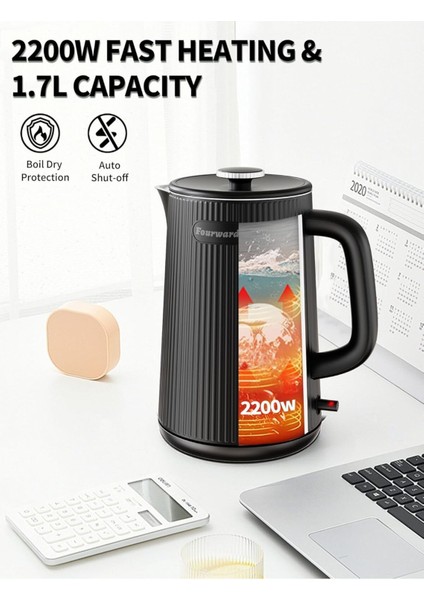 1.7l Paslanmaz Çelik Su Isıtıcısı 2200W Hızlı Kaynatma, Çift Duvarlı, Bpa Içermez