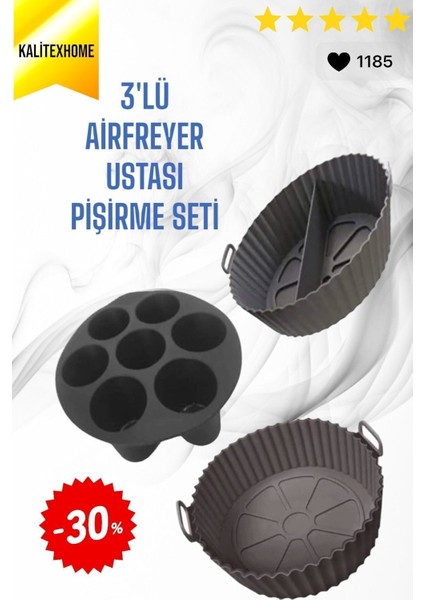 3 Parça Pratik Silikon Airfryer Siyah Pişirme Kabı, Yonca Muffin, Iki Bölmeli Fırın, Mikrodalga