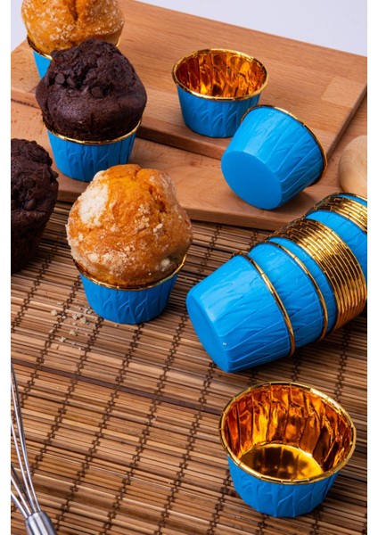 Mavi Parlak Karton 25'Li Kek Kalıbı Kenarı Gold Kaplama Fırında Dağılmayan 6.5X4 cm Muffin Cupcake fiyatları