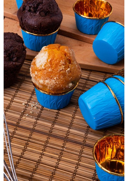 Mavi Parlak Karton 25'Li Kek Kalıbı Kenarı Gold Kaplama Fırında Dağılmayan 6.5X4 cm Muffin Cupcake modelleri