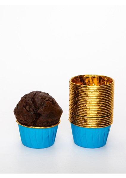 Mavi Parlak Karton 25'Li Kek Kalıbı Kenarı Gold Kaplama Fırında Dağılmayan 6.5X4 cm Muffin Cupcake indirimleri