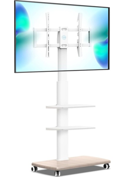 Tekerlekli ve Ahşap Tabanlı Beyaz Tv Sehpası, 32-65 Inç LCD LED Düz ve Kavisli Ekranlar Için