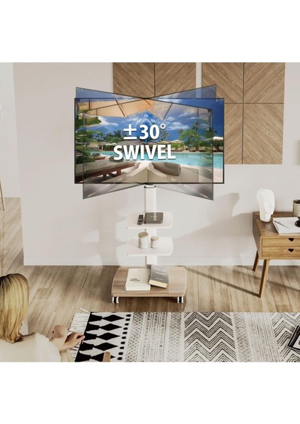 Tekerlekli ve Ahşap Tabanlı Beyaz Tv Sehpası, 32-65 Inç LCD LED Düz ve Kavisli Ekranlar Için modelleri
