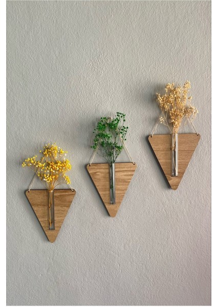 Ahşap Dekoratif Üçgen 3'lü Duvar Çiçekliği (Çiçek Hediyeli)