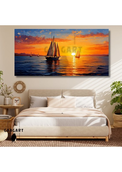 Panoramik Kanvas Duvar Tablosu Soyut Yağlı Boya Görünümlü Sunset Yelkenliler
