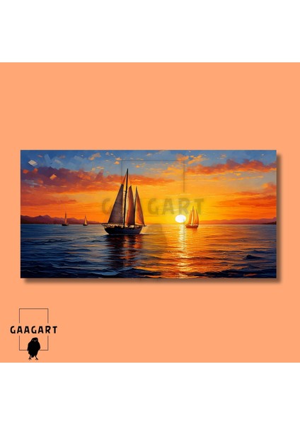 Panoramik Kanvas Duvar Tablosu Soyut Yağlı Boya Görünümlü Sunset Yelkenliler modelleri