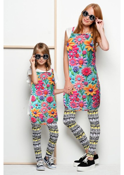 Renkli anne ve kız için sıvı geçirmez polyester önlük, turkuaz, 70x54 cm