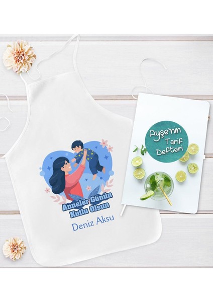 Kişiye Özel Anneler Günü Tasarımlı Mutfak Önlüğü ve Yemek Tarif Defteri Hediye Seti-6, Anney