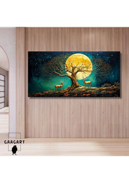 Panoramik Kanvas Duvar Tablosu Dolunay ve Gold Geyikler Sonbahar