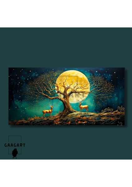 Panoramik Kanvas Duvar Tablosu Dolunay ve Gold Geyikler Sonbahar modelleri