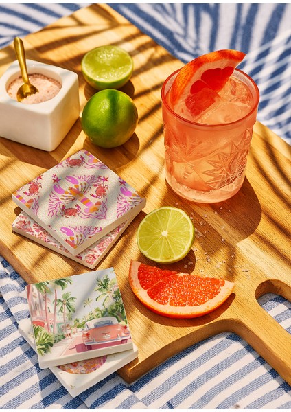 Retro Disco Topu ve Plaj Temalı Doğal Taş Bardak Altlığı 4’lü Set, Renkli Masa Sunum Ürünü