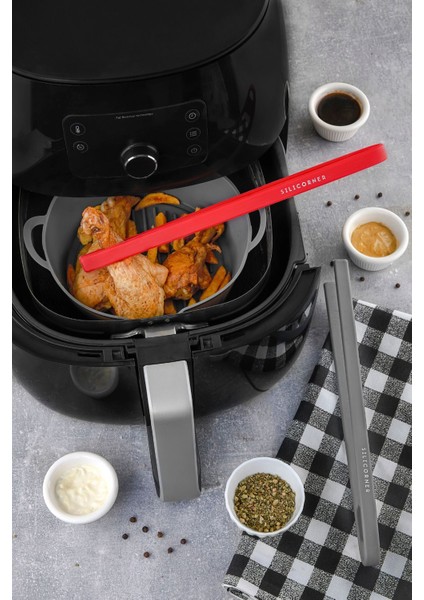 3 Parça Antrasit Silikon Air Fryer Pişirme Seti Maşa Air Fryer Pişirme Kabı Haznesi Spatula
