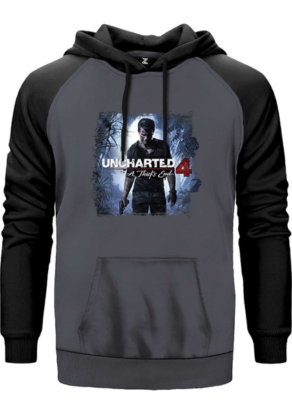 Uncharted 4 Nathan Drake Poster Gri Renk Reglan Kol Kapşonlu Sweatshirt
