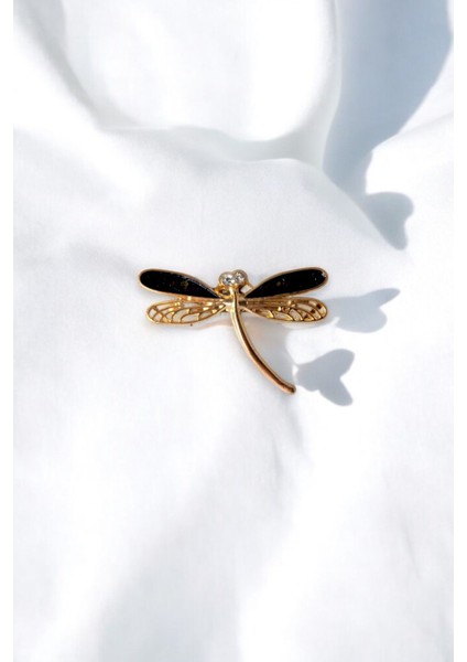 Siyah Mineli Gold Metal Yusufçuk Broş