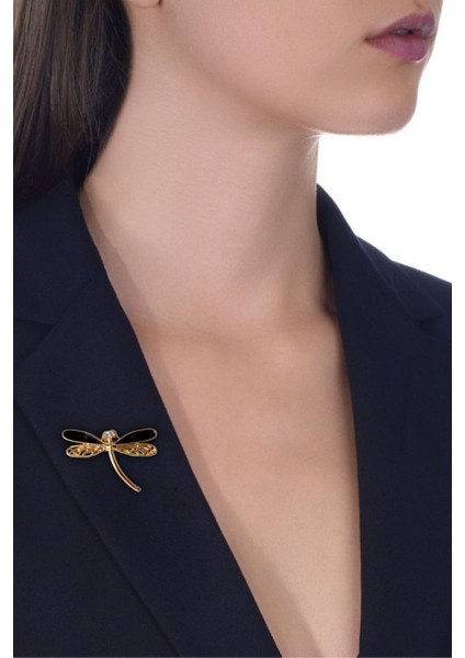 Siyah Mineli Gold Metal Yusufçuk Broş