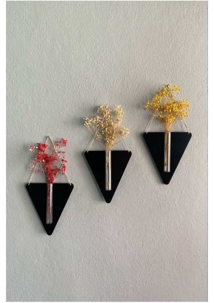 Ahşap Dekoratif Üçgen 3'lü Duvar Çiçekliği (Çiçek Hediyeli)