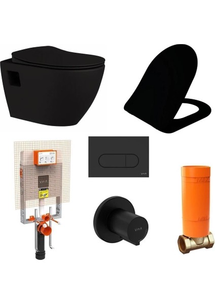 Terra Mat Siyah Asma Klozet + Duroplast Yavaş Kapanır Kapak + Vitra Siyah Gömme Rezervuar Set